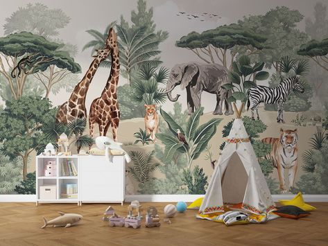 Kid Wallpaper, Safari Baby Shower Boy, Kids Room Wall Murals, Jungle Wall Mural, Nursery Jungle, Animals Africa, Kindergarten Wallpaper, Safari Wallpaper, Wallpaper Tropical