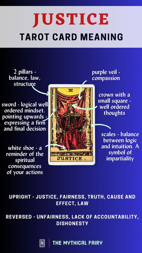 Meet Justice, your cosmic judge! Upright, it's all about fairness, truth, and law. Got a tough decision to make? Justice is on your side. But reversed, beware of bias and unfairness. Balance your scales and embrace your truth with Justice! Unlock the secrets of the Universe with a FREE tarot reading! Curious about your love life? Get a FREE love tarot Explore the mystical realms of crystals, reiki, and energy healing all in one place by clicking the link above NOW! Justice Card Tarot, Tarot Justice, Mythical Fairy, Justice Tarot Card, Purple Veil, Best Tarot Decks, Justice Tarot, Free Tarot Reading, Tough Decisions