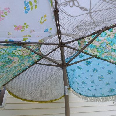 Little Vintage Cottage: How to DIY a Patio Umbrella Cover Umbrella Cover Diy, Diy Patio Umbrella Cover, Repurpose Patio Umbrella, Patio Umbrella Decorating Ideas, Diy Umbrella Decoration, Diy Outdoor Umbrella, Diy Parasol, Parasol Diy, Patio Umbrellas Diy