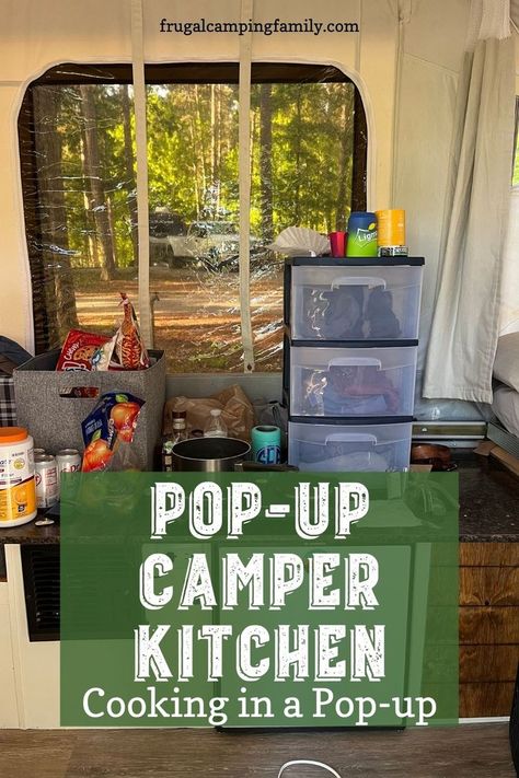 Pop Up Camper Packing List, Pop Up Camper Essentials, Living In A Pop Up Camper Full Time, Pop Up Camper Hacks Storage Ideas, Camper Essentials List, Pop Up Camper Must Haves, Pop Up Camper Kitchen, Pop Up Trailer Hacks, Pop Up Camper Interior Ideas