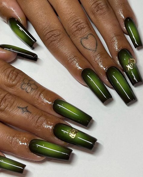 Low Rider Inspired Nails, Dark Green Aura Nails, Afrocentric Nails, Emerald Green Nails Square, Earth Tone Nails Acrylic, Black Skin Nails, Green Airbrush Nails, Bold Acrylic Nails, Loki Inspired Nails