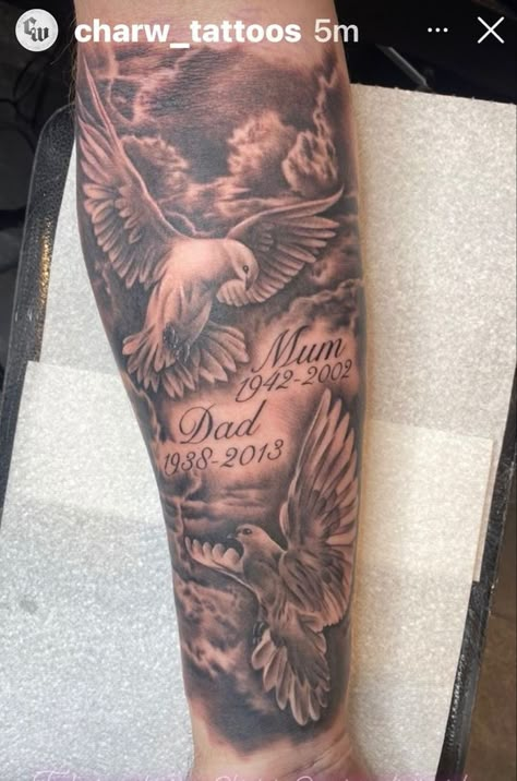 Doves Memorial Tattoo Sleeves, R.i.p Tattoos For Men, Mum And Dad Tattoos, Rip Tattoos For Dad, Family Sleeve Tattoo, Tattoos For Siblings, Rip Tattoos For Mom, Forearm Cover Up Tattoos, Matching Tattoos For Siblings