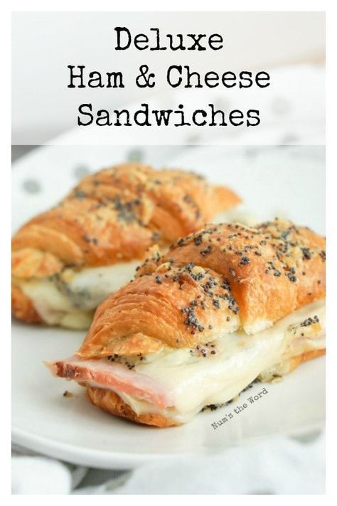 Baby shower appetizer ideas - These Deluxe Ham & Cheese Sandwiches are the perfect way to use up your leftover ham. Yummy ham and Swiss cheese inside a flaky buttery croissant with a yummy topping make for a great lunch, dinner or appetizer! #lunch #dinner #appetizer #ham #leftoverham Ham Lunchmeat Recipes, Ham Croissant Sandwich, Crossaint Sandwich Ideas, Ham Cheese Sandwiches, Dinner Ham, Appetizer Dinner, Ham Dishes, Sandwich Easy, Picnic Potluck