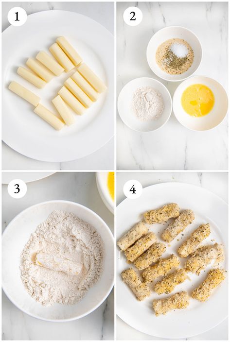 Air Fried Mozzarella Sticks, Motzerella Sticks Recipe Homemade, Easy Airfryer Snacks, Air Fryer Mozzarella Sticks, Mozza Sticks, Homemade Mozzarella Sticks, Low Carb Meats, Gluten Free Bread Crumbs, Cooking Homemade