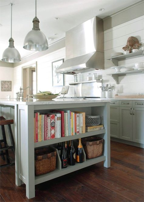 Kitchen open shelves add charm and character to a kitchen. Click through for other ways to incorporate open shelving in a kitchen. Cookbook Storage, Cookbook Shelf, Green Kitchen Cabinets, Grey Kitchen Cabinets, Kitchen Island Design, Kitchen Diy, Grey Kitchen, Trendy Kitchen, Green Kitchen