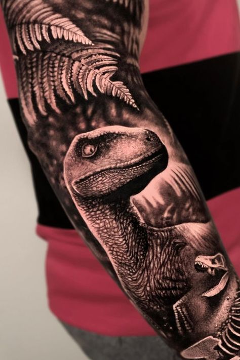 Jurassic Park Leg Sleeve, Dinosaur Tattoos For Men, Dinosaur Tattoo Realism, Dino Sleeve Tattoo, Jurassic Park Sleeve Tattoo, Dinosaur Leg Sleeve Tattoo, Jurrasic World Tattoo, Dinosaur Tattoo Men, Dinosaur Leg Tattoo