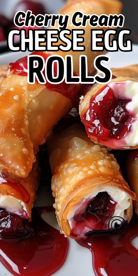 Cherry Cream Cheese Egg Rolls Crispy Cherry Cheesecake Egg Rolls, Cream Cheese Egg Rolls Desserts, Fruit Egg Rolls Cream Cheeses, Egg Roll Wrapper Desserts, Cherry Cream Cheese Egg Rolls, Cherry Egg Rolls, Strawberry Cream Cheese Egg Rolls, Air Fryer Cherry Cheesecake Egg Rolls, Ham And Cheese Egg Rolls