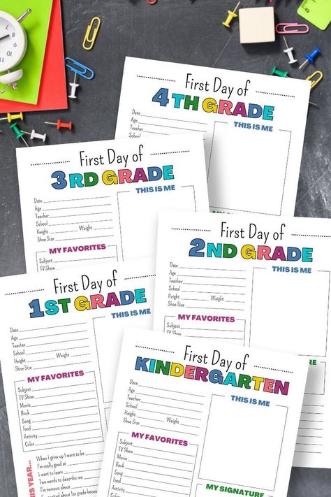 First Day Of Kindergarten Questionnaire, 1st Day Of School Interview, School Information Printable, Last Day Of School Interview Printable, First Day Of School Keepsake, School Year Keepsake Storage, Back To School About Me Printables, First Day Of School Time Capsule, 1st Day Of School Questionnaire