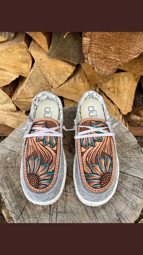 Leather and turquoise shoes Hey Dude Shoes Women Leather Work, Leather Dudes Shoes, Hay Dude Shoes, Tooled Leather Hey Dude Shoes, Leather Tooled Shoes, Hey Dudes Western, Leather Hey Dudes, Tooled Leather Shoes, Hay Dudes