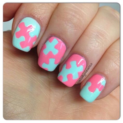 Puzzle piece nails Puzzle Piece Nail Art, Puzzle Nails Design, Puzzle Nail Art, Puzzle Piece Nails, Bingo Nails, Puzzle Nails, Puzzle Theme, Back To School Nails, Subtle Nails