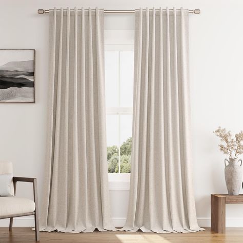 PRICES MAY VARY. 100% Blackout Curtains: A full blackout white coating is attached to the back of our linen curtains, blocking 100% of sunlight and UV rays. Provide you a complete private and personal space for a sweet sleep or rest. Good choice for bedrooms, nursery, living rooms, offices, patio door. Also perfect for babies, night shift workers and people people sensitive to light Natural Linen Blend: These linen blackout curtains are crafted from a natural linen blend fabric, with a linen tex Curtains With Matching Pillows, Modern Organic Curtains, White Linen Curtains Living Room, Off White Curtains Living Room, Beige Bedroom Curtains, Curtains For White Walls, Living Room Curtains Ideas Modern, Slider Curtains, Long Curtains Living Room