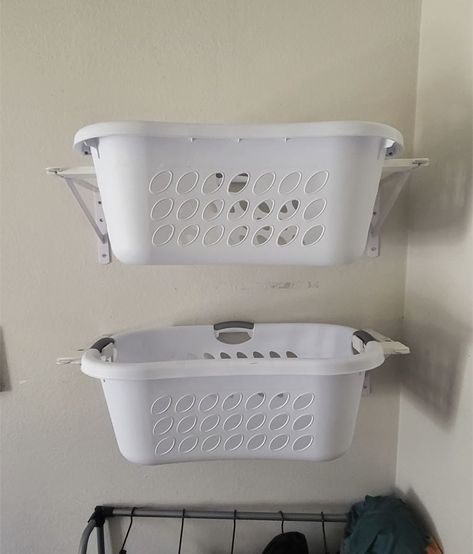 This bracket will allow you to stud-mount shelf brackets for the purpose of holding a laundry basket. Designed to fit Wal-Mart's Hyper Tough brand of shelf brackets, and the laundry baskets seen pictured. Laundry Basket Shelf, Laundry Basket Shelves, Laundry Basket Holder, Basket Shelf, Basket Holder, Laundry Room Closet, Laundry Room Shelves, Laundry Baskets, Mounted Shelves