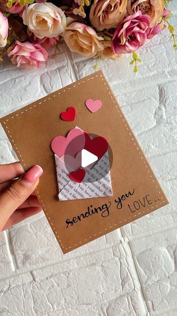 HANDMADE GIFTS AND SCRAPBOOK on Instagram: "Sending you LOVE❤️🫰🏻  Measurements: Brown sheet: 11*14cm Printed white sheet: 7*7cm Hearts: can be made in different sizes❣️  [Tip: take the base card sheet a little thick, preferably 300gsm]  Follow @handcrafted.shop for more such videos  Want more such videos?" Cute Diy Cards For Girlfriend, I Love You Cards For Him Handmade, Cute Cards For Boyfriend Diy Letters, I Love You Card Ideas, Sending Love Card, Sorry Cards For Boyfriend Handmade, Birthday Card Boyfriend Diy, Diy Cards For Girlfriend, Cards To Make For Your Boyfriend