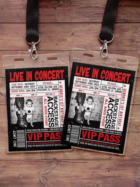 VIP pass invitation, backstage pass, VIP invitation, birthday invite, Rockstar Birthday invite, concert ticket invitation, Rockstar party, 40th Birthday invite, 30th Birthday invite, first birthday invite DIGITAL FILES ONLY * WE EDIT * YOU PRINT ► You can print this same design double sided or use the free non customizable back texture that we include ------------------ ► SIZE SPECS: ------------------ ► IF YOU DO NOT REQUEST WHICH SIZE AT THE TIME OF ORDER, THE DEFAULT SIZE IS 3x4in  INVITE: 5x7in with bleed VIP PASS: 3.25x4.25 with bleed once trimmed they fit in 3x4 badge holder which we sell in link below LANYARD/BADGE SETS: https://www.etsy.com/listing/221495884/blank-lanyards-and-clear-badge ENVELOPE SUGGESTION: A2 4.375 x 5.75 ------------------------------------------ ► FILE DELIVER Vip Concert Ticket, Vip Backstage Pass Template, Concert Invitation Design, Rock And Roll Birthday Invitation, Rock And Roll Party Invitations, Vip Theme Party Ideas, Rock Concert Party Theme, Backstage Pass Design, Concert Birthday Party Ideas