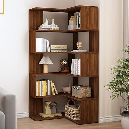 Amazon.com: IOTXY 6-Tier L-Shaped Corner Bookshelf - 66" Tall Wooden Freestanding Bookcase with Open Shelf Units, Walnut : Home & Kitchen L Shape Bookshelves, Lounge Bookshelves, Wooden Bookshelf Design, Freestanding Bookcase, Bookshelf Corner, Wooden Corner Shelf, Corner Shelf Design, Corner Shelving Unit, Shelf Units