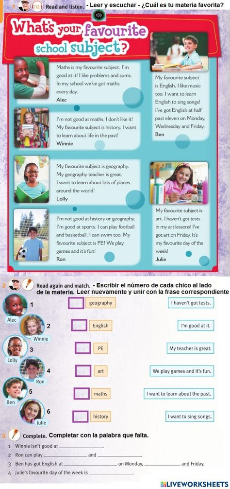 Classroom Language Worksheet, Subject Worksheet, English Printables, Esl Teaching Resources, School Timetable, Grammar For Kids, My Favourite Subject, Math About Me, Alphabet Activities Preschool