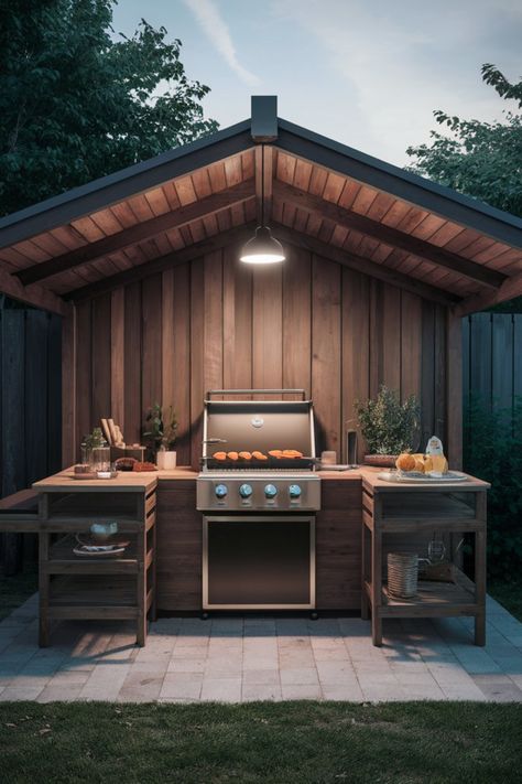 Simple outdoor BBQ station with a stainless steel grill, wooden countertops, and storage shelves, all under a wooden shelter in a backyard setting. Outdoor Bbq Station, Backyard Grilling Area, Bbq Station, Outdoor Grill Area, Outdoor Bbq Area, Outdoor Grill Station, Outdoor Cooking Area, Wooden Countertops, Outdoor Fireplace Patio