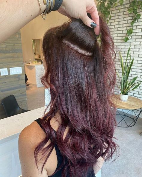 Balayage, Cherry Soda Hair Color, Cherry Coke Peekaboo Hair, Cherry Coke Hair Color Asian, Cherry Coke Color Hair, Deep Cherry Red Hair Ombre, Cherry Coke Hair Color Indian, Cherry Cola Balayage On Black Hair, Cherry Cole Hair