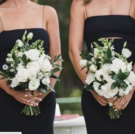 Timeless White Bridal Bouquet, Black And White Bridesmaids Bouquet, Black White And Green Wedding Bouquet, Black Tie Wedding Flowers Bridesmaid Bouquets, White And Dark Green Wedding Flowers, White And Black Bridesmaid Bouquet, Classic Bridesmaid Bouquet, Bouquets For Black Dresses, Italian Cocktail Hour Food