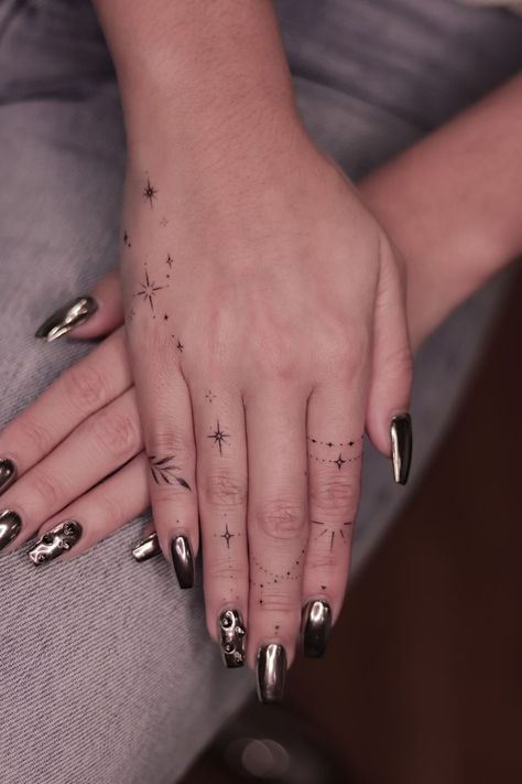 Dainty hand tattoo, fine line tattoo, Taurus constellation tattoo, hailey bieber hand tattoo, hailey bieber inspired, hailey bieber tattoo, hand tattoo, girls with tattoo, oc_tatt, Hawaii tattoo artist Hand Tattoo Celestial, Finger Tattoos For Women Dainty, Hand Tattoo Constellation, Hand Tattoos Constellation, Capricorn Constellation Hand Tattoo, Libra Constellation Tattoo Hand, Hand Tattoos For Women Fine Line, Small Dainty Hand Tattoos, Virgo Constellation Tattoo Hand