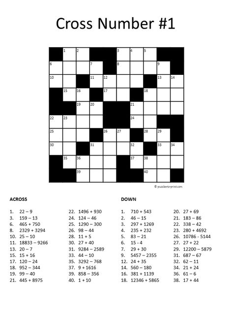 Free printable number crossword puzzle with solution.  Find other puzzles to help with learning math. Free Printable Crossword Puzzles, Math Journal Prompts, Printable Crossword Puzzles, Math Riddles, Math Puzzles, Basic Math Skills, Math Journals, Number Puzzles, Printable Puzzles