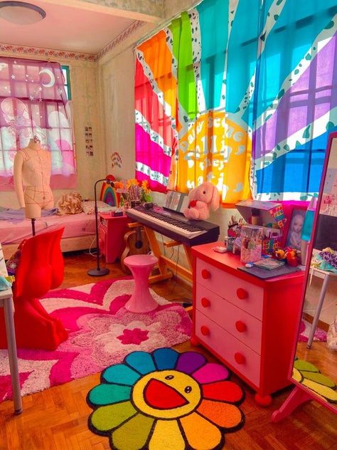 Kidcore Dorm Room, Y2k Maximalist Room, Rainbow Maximalist Decor, Cute Maximalist Bedroom, Colorful Maximalist Decor Bedroom, Diy Maximalist Decor Crafts, Maximalist Room Ideas, Clowncore Decor, Kitsch Furniture