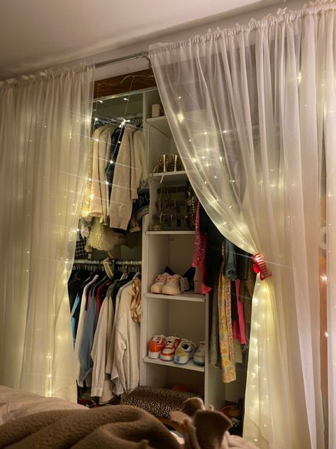 Closet organizing | teen girl room | organizing | closet storage | aesthetic | fashion | closet shelving ideas #closet #closetgoals #closetorganizationideas #closetstorage #organization Room With Open Closet, Cute Closet Curtain Ideas, Walk In Closet With Curtains, Small Room Open Closet Ideas, Cozy Closet Aesthetic, Open Closet With Mirror, Closet Covered By Curtain, Tapestry Closet Curtain, Bed Against Closet