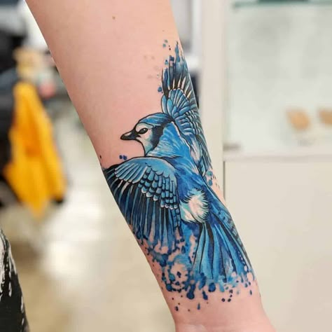 Blue Jay Memorial Tattoo, Watercolor Bluejay Tattoo, Blue Bird Tattoos For Women, Jay Bird Tattoo, Bluejay Tattoo, Nina Tattoo, Blue Bird Tattoo, Blue Jay Tattoo, Jay Tattoo