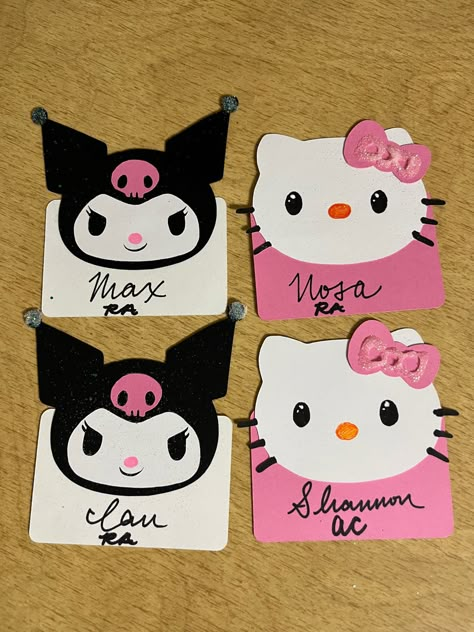 i worked so hard for these bro Sanrio Door Decs, Hello Kitty Door Decoration, Sanrio Classroom, Door Decs College Ra Ideas, Hello Kitty Classroom, Dorm Name Tags, Door Tag Ideas, College Event Ideas, Residence Life Bulletin Boards