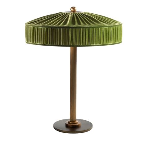 A clean aesthetic celebrating Italian design from the 1930s distinguishes this exclusive table lamp from the Poggibonsi Collection. The streamlined steel frame plate din brass is crowned by a soft, pleated shade in green velvet that releases a suffused, warm glow while revealing the piece's distinctive tailored value. Please contact the Concierge for other available color options. Shaw Carpet Tile, Unique Table Lamps, Side Lamps, San Bernardo, Standard Lamps, Steel Table, Glassware Set, Easy Chair, Decorative Panels