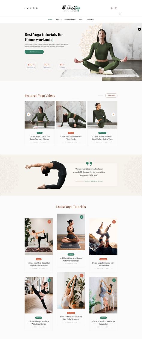 Are you looking for some Yoga website design inspiration? The Hashtag WordPress theme is a perfect example of a website design for yoga teachers and wellness bloggers. Share your own personal story, share your YouTube video tutorials and showcase your products all on a beautiful curated homepage. This theme works with Elementor and WooCommerce which gives you unlimited options to design your dream website. Ayurveda Website Design, Health And Fitness Website Design, Yoga Studio Website Design, Yoga Website Design, Yoga Website Design Inspiration, Yoga Website Template, Yoga Website, Website Themes Wordpress, Simple Website Design