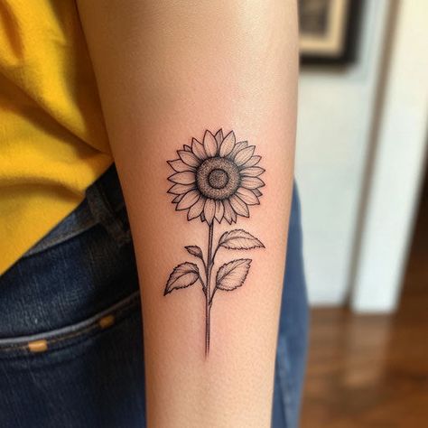 Dynamic Small Sunflower Tattoo Flash Sunflower Tattoo Forearm, Delicate Sunflower Tattoo, Small Sunflower Tattoo, Good First Tattoos, Sunflower Tattoo Ideas, Simple Flower Tattoo, Small Sunflower, Tattoo Master, Tattoo Collection