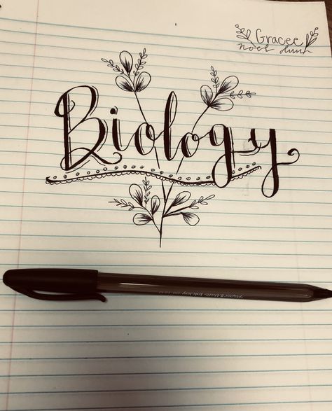 Biology. Calligraphy and floral doodle art. (graceFlair) Biology Notes Aesthetic Cover, Biology Doodles Aesthetic, Biology Aesthetic Cover Page, Biology Project Cover Page Ideas School Aesthetic, Biology Notebook Cover Ideas Aesthetic, Science Calligraphy Design Aesthetic, Biology Cover Page Design Aesthetic, Biology Heading Design, Biology Drawing Art