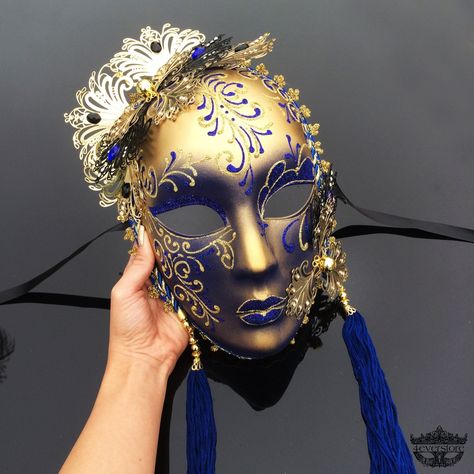 Full-face gold/blue masquerade mask Masquerade Mask Full Face, Blue Masquerade Mask, Silver Masquerade Mask, Masquerade Ball Masks, Jester Mask, Mask Wall Decor, Resin Paper, Mask Venetian, Mardi Gras Masquerade