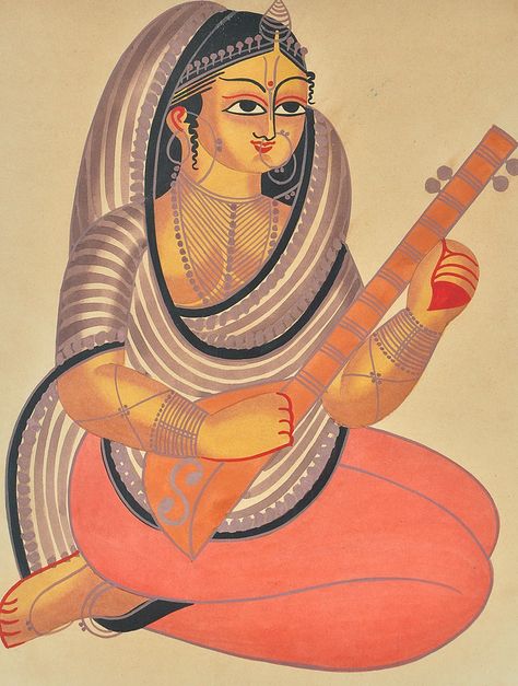 Playing Veena - 2ft 2in x 1ft 7in -- Ink & Water Color, Paper -- Kalighat painting is a style of painting characterized by generously curving figures of both men & women in mocking style, nouveau rich families targeted by the orthodox society, the so called "babus" considered objects of fun & sources of income. Kalighat Patachitra, Ghat Painting, Kalighat Paintings, Painting Strokes, Iconic Pictures, Sources Of Income, Bengali Art, Ink Water, Acrylic Landscape