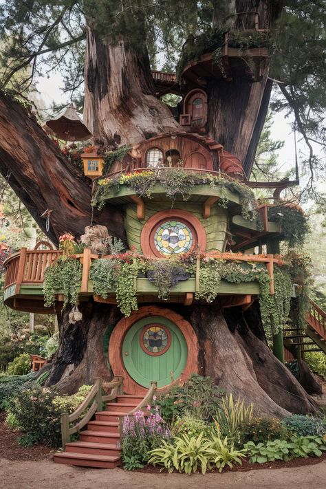 Check out this incredible treehouse masterpiece! Built into a massive tree, it features whimsical stained glass and lush plant decor. Isn’t it enchanting?  Share your thoughts below or tag a friend who would love this magical creation! 🏡✨ woodworking easy . #decor #home #tools #woodworkingcommunity #woodworkers #wooden #architecture #workshop Tropical Tree House, Treehouse City, Tree In House, Witchy Backyard, Treehouse Village, Adult Tree House, Treehouse Design, Massive Tree, Cottage Core Garden