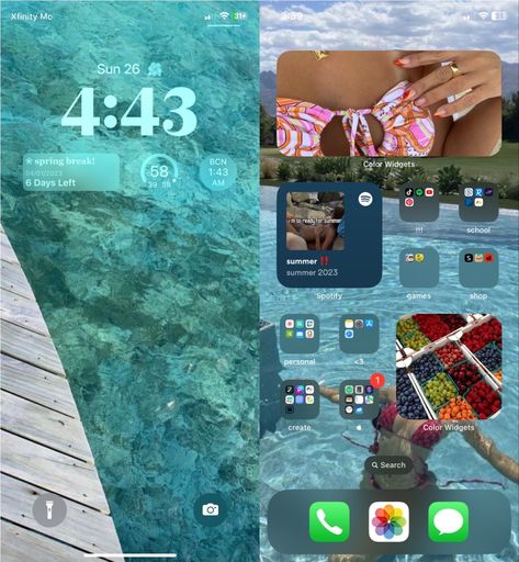 Ios Summer Aesthetic, Iphone Layout Cute, Summer Ios Layout, Homescreen Ideas Summer, Home Screen Summer, Summer Ios Homescreen, Homescreen Ios 16, Homescreen Organization Iphone, Summer Ios