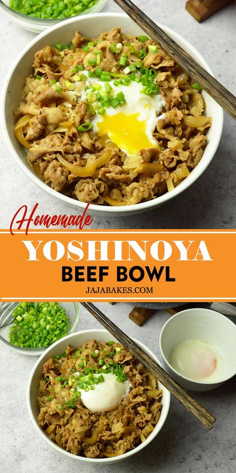 This incredibly delicious Yoshinoya Beef Bowl (Gyudon) is a recipe keeper, with juicy thinly sliced beef and tender sweet onion served over a bowl of steaming rice. Japanese Beef Bowl Recipe, Copycat Yoshinoya Beef Bowl, Rice Beef Bowl, Pork Gyudon Recipe, Sliced Beef Recipes Easy, Gyudon Rice Bowls, Sliced Meat Recipes, Slice Beef Recipes, Gyudon Recipe Beef