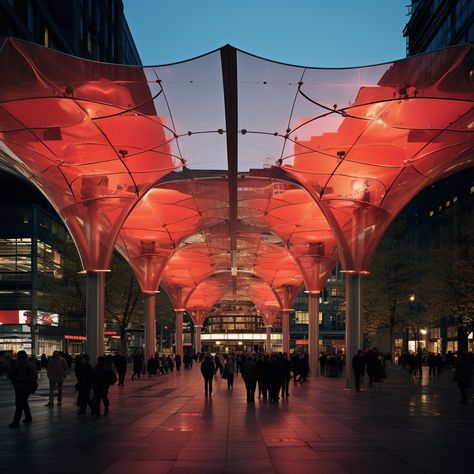 Colouful shopping mall weather canopy. #architecture #dwa #development #architect #property #render #midjourney #ai #realestate #construction #developer #planning #urbandesign #colours #plastic #glass #concept #canopy #piazza #parametric Urban Canopy Architecture, Walkway Canopy Design, Cafe Pavilion, Car Launch, Bar Lounge Design, Canopy Architecture, Canopy Design, Lobby Design, Urban Furniture