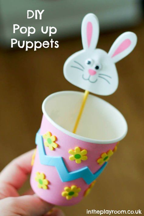 Pop up bunny puppet, paper cup craft for Spring or Easter time Spring Arts And Crafts, Paper Cup Crafts, Easter Arts And Crafts, Arts And Crafts For Adults, Arts And Crafts For Teens, Easter Preschool, Spring Kids, Spring Crafts For Kids, Easy Arts And Crafts