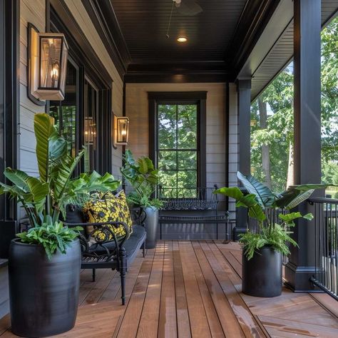 7+ Stylish Black Front Porch Decorating Ideas for a Modern Appeal • 333k+ Inspiring Lifestyle Ideas & Images Dark Porch Ideas, Front Verandah Ideas Entrance, Front Porch Ideas Plants, Black House Front Porch, Industrial Front Porch, Black Front Porch Ideas, Enclosed Front Porch Ideas Entrance, Black Porch Ideas, Black Painted Porch