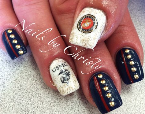 Marine Nails "Semper Fi" Usmc Nails Designs, Marine Nails Designs, Marine Corps Nails, Usmc Nails, Marine Nails, Marine Corps Ball, Military Marines, Types Of Nails, Hot Nails