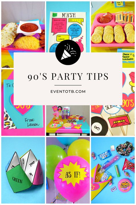 90s Centerpieces Diy, 90s Flashback Party, 90s Theme Game Night, 90s Theme Party Ideas For Adults, 90s Theme New Years Eve Party, 1993 Birthday Party Ideas, 90s Theme Party Outfit Pregnant, 90s Party Gift Bags, 90s Birthday Party Theme For Adults Food