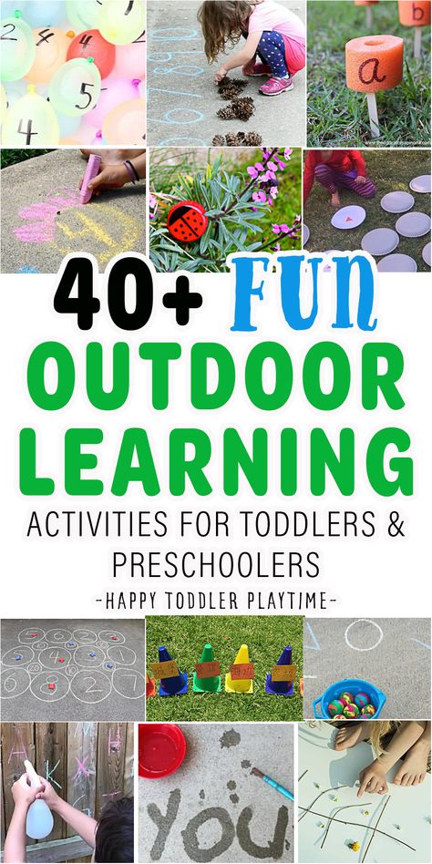 40+ Awesome Outdoor Learning Activities for Kids - HAPPY TODDLER PLAYTIME Outdoor Literacy Activities Preschool, Outdoor Movement Activities Preschool, Prek Outside Activities, Outside Learning Activities For Kids, Outside Activities For Kindergarten, Outdoor Play For Kindergarten, Outdoor Centers For Preschool, Outdoor Experiences Childcare, Outdoor Play Ideas For Preschoolers