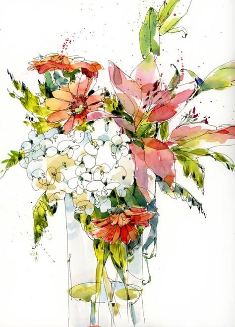 Ink And Wash Watercolors, Watercolour Exercises, Line And Wash Watercolor Sketches, Shari Blaukopf, Line And Wash, Cadmium Orange, Lamy Safari, Pen Work, Painting Of Flowers