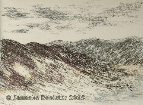 https://flic.kr/p/252sTnM | Duinlandschap van De Muy - Tinted Charcoal / Dunes in "De Muy" - Tinted Charcoal | Drawing on Canson Montval Grain fin 300 g/m2. Tinted Charcoal pencils (Derwent), colours used are Burnt Orange, Heather Mist, Burnt Embers, Mountain Blue, Slate, Forest Pine, Green Moss, Dark Moss, Natural.  My own reference.  Framed 40 x 50 cm; available.  Meer informatie vindt u op mijn website / More information can be found at my website www.jannekesatelier.weba.com Tinted Charcoal Drawings, Drawings Tutorials, Pine Green, Anime Drawings Tutorials, Charcoal Drawing, Art Studies, Drawing Tutorial, Burnt Orange, My Website