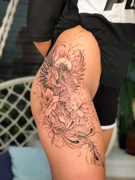 Pheonix Tattoo For Women Thigh Beautiful, Ornamental Phoenix Tattoo, Pheonix Tattoo For Women Side Hip, Rising Phoenix Tattoo Feminine Leg, World Tattoo Sleeve, Phoenix Tattoo Feminine Thigh, Phoenix Tattoo Thigh, Phoenix Back Tattoo Women, Pheonix Tattoo Ideas Female