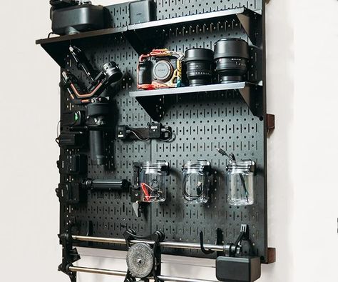 Camera Charging Wall Organizer for My Home Office : 3 Steps - Instructables Photography Equipment Storage, Camera Organization, Camera Gear Storage, Camera Gear Organization, Photography Storage, Photography Home Office, Steel Pegboard, Diy Computer Desk, Camera Storage