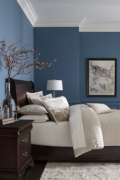 Masters Bedroom, Best Bedroom Paint Colors, Colorful Bedroom Decor, Blue Bedroom Walls, Best Bedroom Colors, Wall Colour, Bedroom Wall Colors, Dark Furniture, 아파트 인테리어