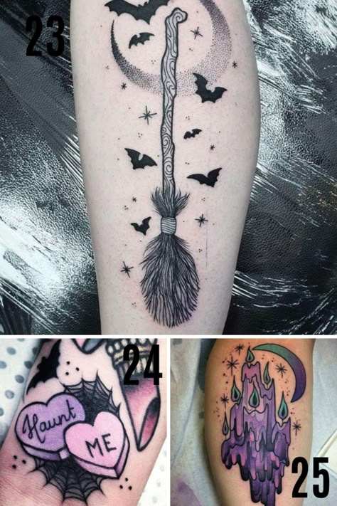 Cool Halloween Tattoo Ideas - Spooky, Cute, and Totally Cool - tattooglee Witchcraft Tattoos, Pagan Tattoo, Wiccan Tattoos, Goth Tattoo, Bat Tattoo, Wicked Tattoos, Witch Tattoo, Muster Tattoos, Theme Tattoo